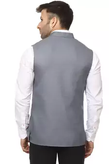 Grey Plain Cotton Poly Nehru Jacket
