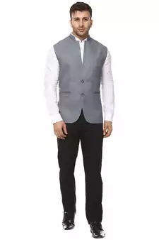 Grey Plain Cotton Poly Nehru Jacket