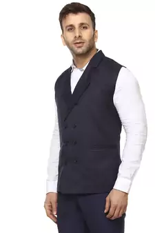 Blue Plain Cotton Poly Nehru Jacket