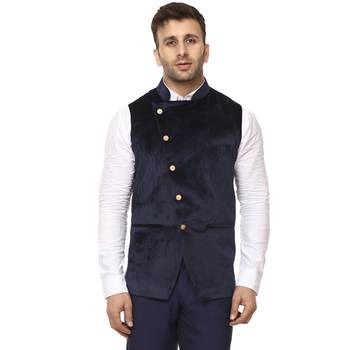 Blue Plain Velvet Nehru Jacket 1