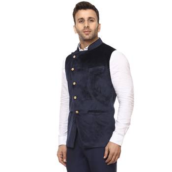 Blue Plain Velvet Nehru Jacket 2