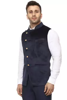 Blue Plain Velvet Nehru Jacket