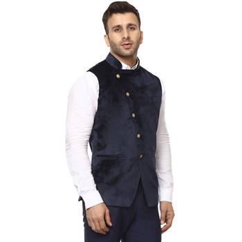 Blue Plain Velvet Nehru Jacket 3