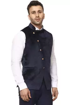 Blue Plain Velvet Nehru Jacket