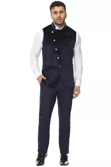 Blue Plain Velvet Nehru Jacket