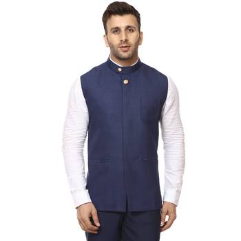 Blue Plain Cotton Poly Nehru Jacket 1