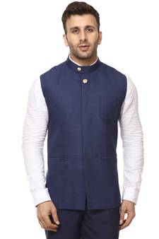 Blue Plain Cotton Poly Nehru Jacket