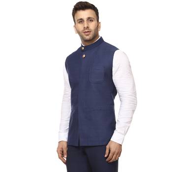 Blue Plain Cotton Poly Nehru Jacket 2