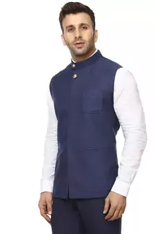 Blue Plain Cotton Poly Nehru Jacket