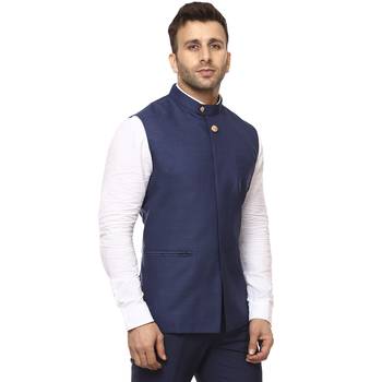 Blue Plain Cotton Poly Nehru Jacket 3