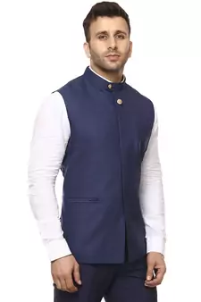 Blue Plain Cotton Poly Nehru Jacket