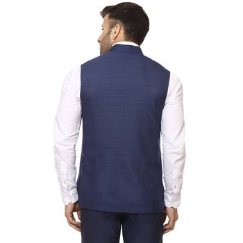 Blue Plain Cotton Poly Nehru Jacket 4