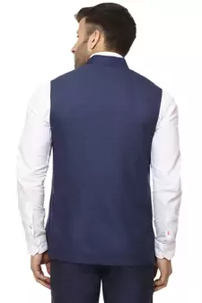 Blue Plain Cotton Poly Nehru Jacket