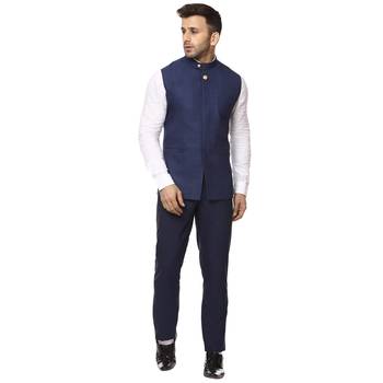 Blue Plain Cotton Poly Nehru Jacket 5