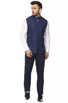 Blue Plain Cotton Poly Nehru Jacket