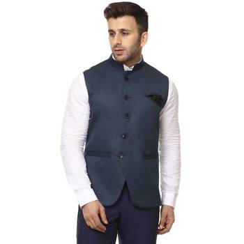Blue Plain Cotton Poly Nehru Jacket 1