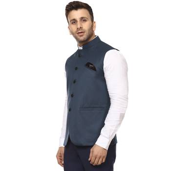 Blue Plain Cotton Poly Nehru Jacket 2