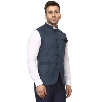 Blue Plain Cotton Poly Nehru Jacket 3