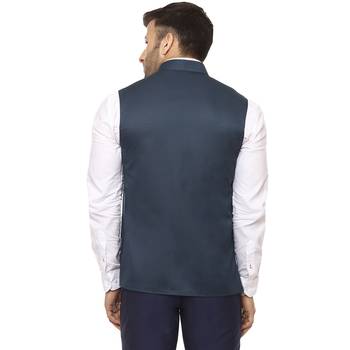 Blue Plain Cotton Poly Nehru Jacket 4