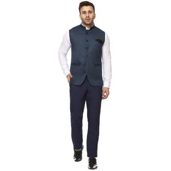 Blue Plain Cotton Poly Nehru Jacket 5