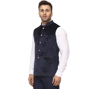 Blue Plain Velvet Nehru Jacket 2
