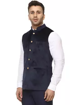 Blue Plain Velvet Nehru Jacket