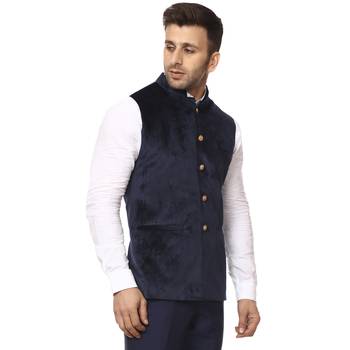 Blue Plain Velvet Nehru Jacket 3