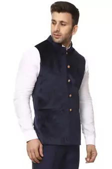 Blue Plain Velvet Nehru Jacket