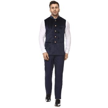 Blue Plain Velvet Nehru Jacket 5