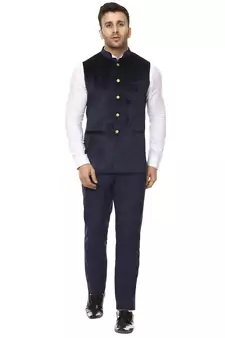 Blue Plain Velvet Nehru Jacket