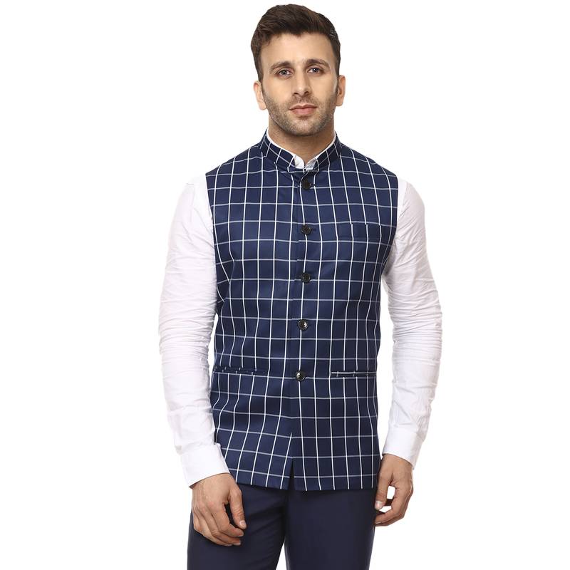 Blue Plain Cotton Poly Nehru Jacket