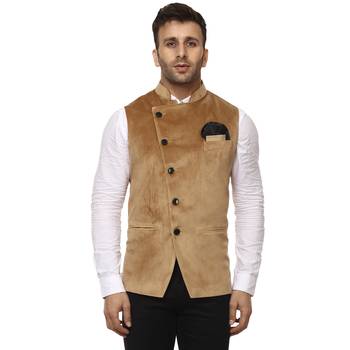 Beige Plain Velvet Nehru Jacket 1