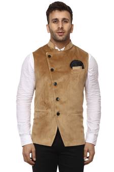 Beige Plain Velvet Nehru Jacket