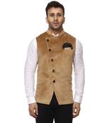 Beige Plain Velvet Nehru Jacket