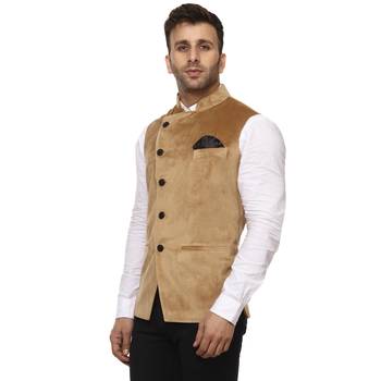 Beige Plain Velvet Nehru Jacket 2