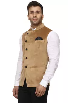 Beige Plain Velvet Nehru Jacket