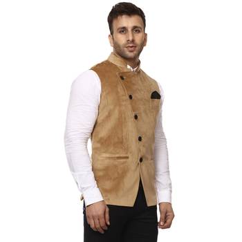 Beige Plain Velvet Nehru Jacket 3