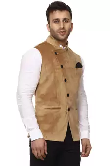 Beige Plain Velvet Nehru Jacket