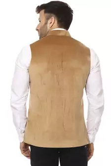 Beige Plain Velvet Nehru Jacket