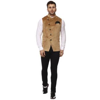Beige Plain Velvet Nehru Jacket 5