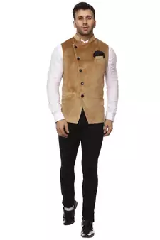 Beige Plain Velvet Nehru Jacket