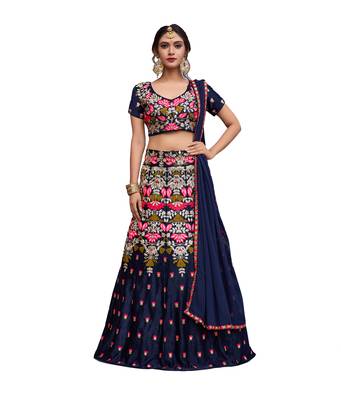 Navy Blue Embroidered Velvet Unstitched Lehenga 1