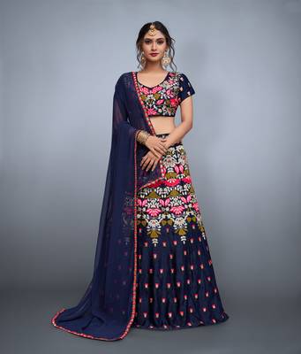 Navy Blue Embroidered Velvet Unstitched Lehenga 2