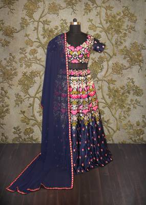 Navy Blue Embroidered Velvet Unstitched Lehenga 4