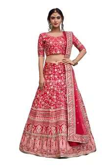 Pink Embroidered Art Silk Unstitched Lehenga