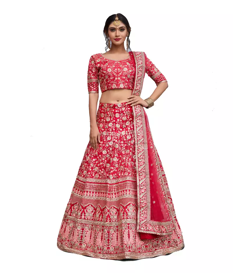 Pink Embroidered Art Silk Unstitched Lehenga