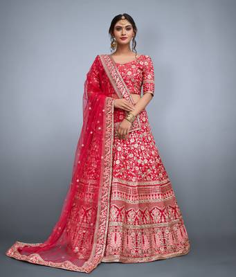 Pink Embroidered Art Silk Unstitched Lehenga 2
