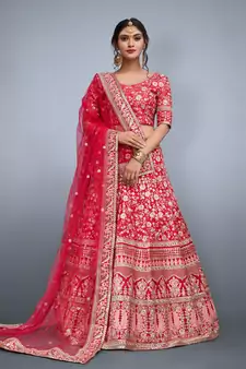Pink Embroidered Art Silk Unstitched Lehenga