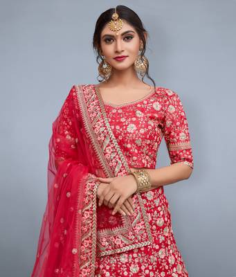 Pink Embroidered Art Silk Unstitched Lehenga 3