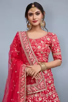 Pink Embroidered Art Silk Unstitched Lehenga